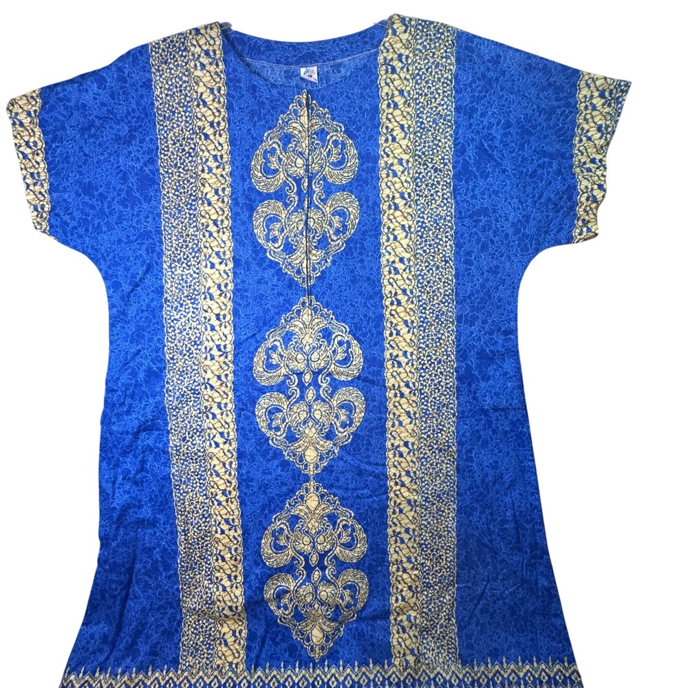 E.C. Batik Kaftan Dress Blue‎ Gold Damask Floral Cotton Maxi XXL Blue Mumu